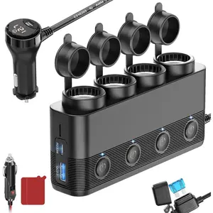 Cigarette Lighter Splitter Car Charger, 300W 4 Socket Car Plug in Outlet 12V Adapter with Dual PD 36W and QC3.0 USB C Multi Port & Independent Switch & Dust Cover & Voltmeter for All Car Devices
