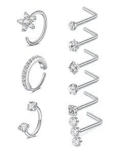 20G Horseshoe Nose Ring, Heart-Shaped CZ Nose Stud, Rhinestone Nose Hoop, and Helix Pierced Ring Set — Unisex Fashion Nose Jewelry Kit. Hypoallergenic Piercing Accessories Nose Piercing Accessory Suitable for Cartilage, Helix, Tragus, and Nose Piercings