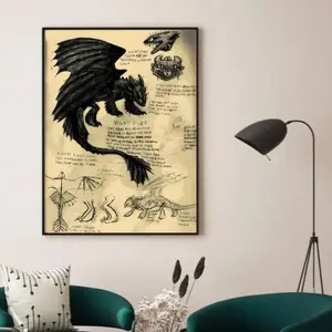 Vintage Dragon Fantasy Framed Canvas Wall Art - Toothless Inspired Anime Movie Poster, Above Bed Wall Decor with Print Design Illustrations & Picture Image Prints for Fantasy Fans