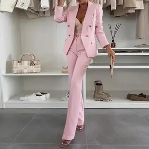 ChicMe 2026 Women's 2 Pieces Outfit Notched Collar Double-Breasted Blazer Set Valentine's Day with Casual Slim Fit Flared Work Pants Set for Wedding & Wedding Guest