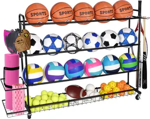 Basketball Rack,   Rolling Ball Stand, Garage Organizer with Wheels, 4-Layer  Equipment Storage Holder with Baskets and Hooks for Soccer Baseball Footballs Volleyball