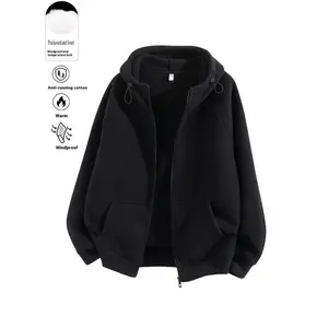 Women's American Style Autumn Winter Fleece Hoodie Jacket, Plush Lining Warm Zipper Cardigan, Loose Casual Plain Color Top