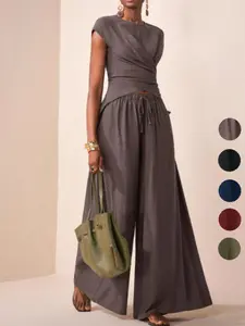 Women's Waist-Cropped Sleeveless Top, Casual Long Pants Set, Slim-Fit Tee, Plain Pattern, All-Season Fashion, Comfortable & Stylish