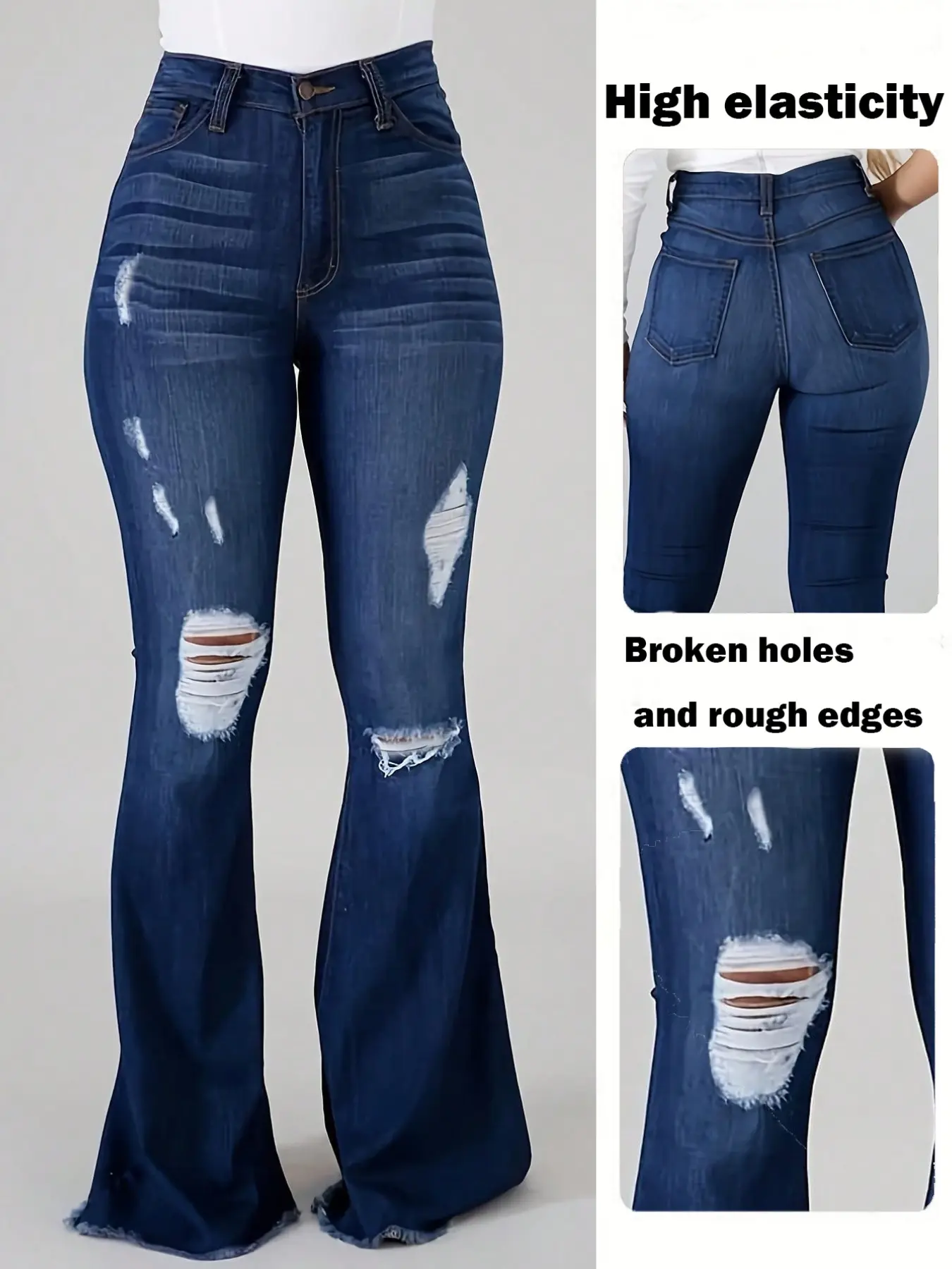 Casual Fashion Women's Distressed Hem High Stretch Denim Long Pants, Comfortable Ripped Jeans for Everyday Wear, Trendy Style for Modern Ladies