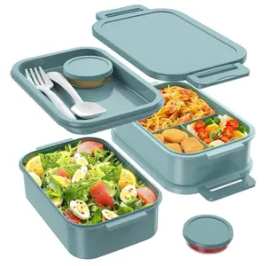 Bento Box Adult Lunch Box - 72oz Stackable Bento Lunch Box for Adults, 3 Layers All-in-One Large Bento Box Leak-Proof Lunchbox with Utensil Sauce Dressing Containers for Dining Out,Work, Green
