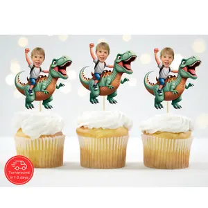 Custom Dinosaur Rider Cupcake Toppers with Photo - T-Rex Birthday Party Decor