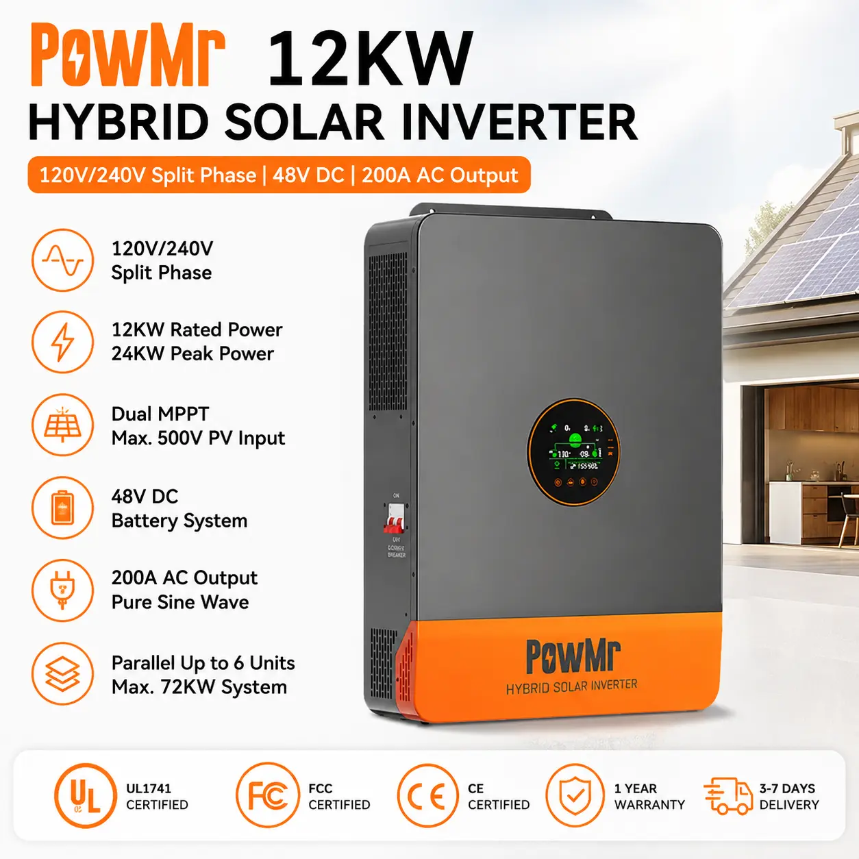 PowMr 12KW Split Phase Pure Sine Wave Hybrid Solar Inverter - 48V to 120/240V AC, UL1741 Listed, 200A MPPT Charge Controller (mppt control), Parallel Capable, for Lead Acid & Lithium Batteries, User-Definable Settings