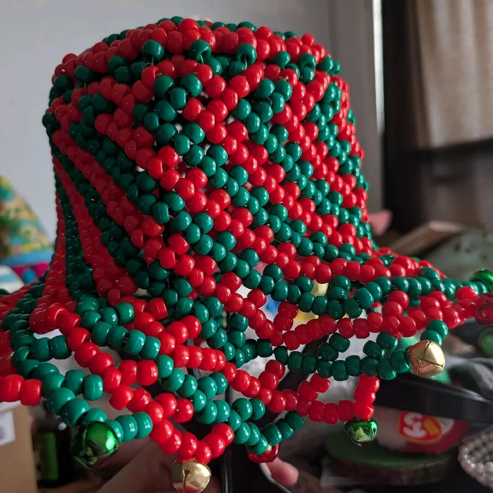 Jingle Bells Kandi Bucket Hat - Festive Red & Green Beaded Design with Gold, Green, and Red Bells for Christmas Celebrations