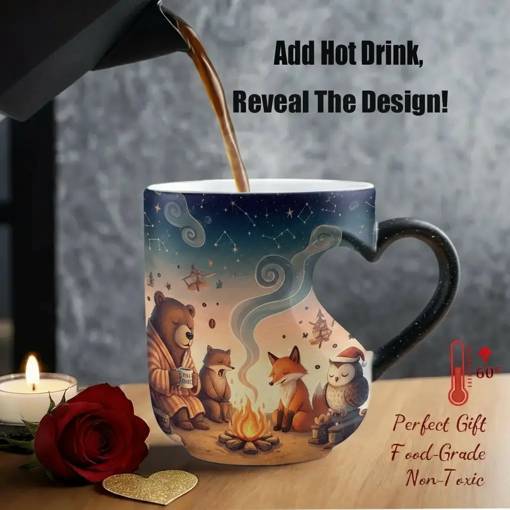 Magic Heat-Activated Color-Changing Ceramic Mug, Heart-Shaped Handle, 11oz/330ML Capacity, Reveals a Whimsical Woodland Campfire Scene (Bear, Fox & Owl Snuggled by Flames) When Hot Drink Is Added, Perfect for Cozy Coffee & Tea Gift Giving, Unique Cha