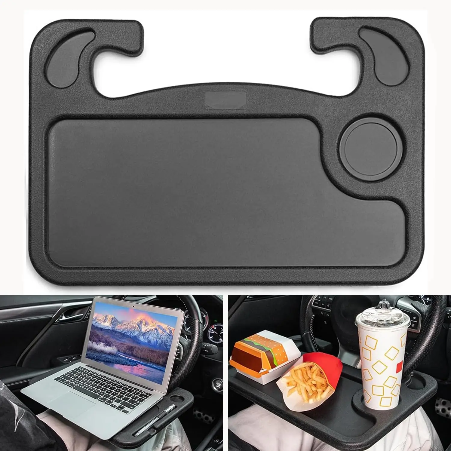 2 in 1 Car Steering Wheel Tray with Cup Holder, Portable Car Laptop Desk Food Eating Tray, Multifunctional Auto Steering Table for Road Trip Work Makeup Commute