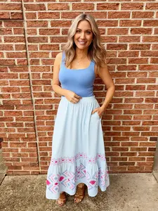 Abstract Embroidered Pinstripe Midi Skirt