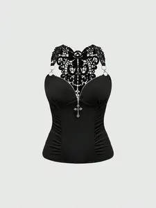 SHANIAH Goth Y2K Vintage Elegant Cross Collar Lace Patchwork Backless Camisole