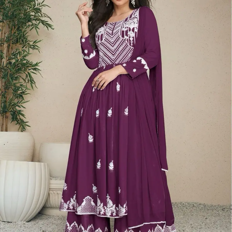 Heavy Reyon Kurta Set with Plazo and Nazmin Dupatta Lucknowi Embroidered set with Floral Patterns and Matching Shawl Elegant