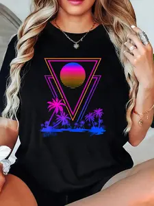 100% Cotton 90s Vaporwave Aesthetic Palm Trees Retro 80s Art Vaporwave T-Shirt Graphic Tee Women Tops, Summer Short Sleeve Women T-Shirt Clothing