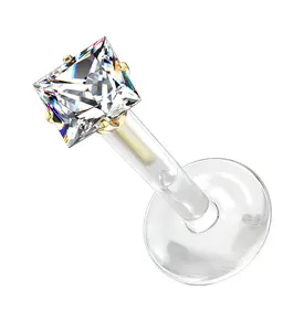 16G Gold Prong Square CZ Bioflex Labret Post