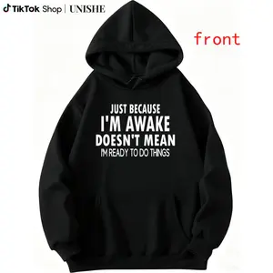 Casual Long Sleeve Hoodie for Tweens – Black with Funny Awake Print