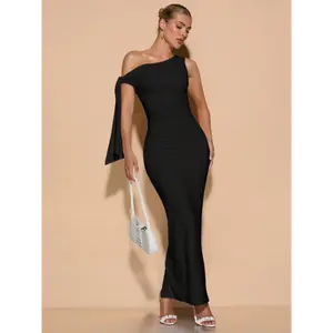 SHEIN BAE Women's Solid Color Asymmetric Shoulder Tie Draped Elegant Split Hem Graduation Dress