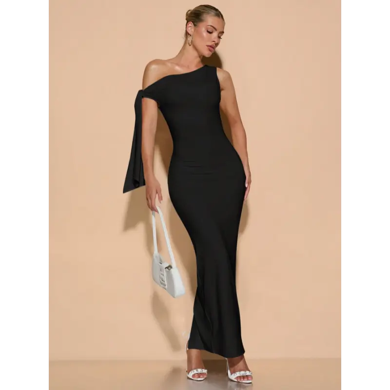 SHEIN BAE Women's Solid Color Asymmetric Shoulder Tie Draped Elegant Split  Hem Graduation Dress - TikTok Shop