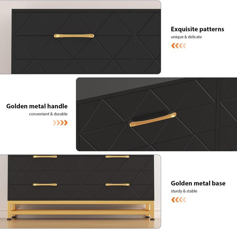 Black Dresser for Bedroom with 6 Drawers, Wood Chest of Drawers, TV Stand, Morden Dresser for Closet, Living Room, Hallway, Nursery