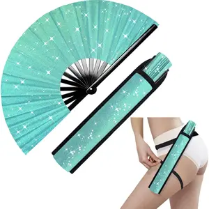 Glitter Large Rave Folding Clack Hand Fan with Holster for Men Women Handheld Fan for Festivals,Halloween,Rainbow Outfits,Disco Party,EDM,Burlesque,Drag  for Rave Accessories