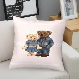 A pair of teddy bear printed soft short plush pillows with various patterns, soft and skin friendly, suitable for comfortable home or travel items, with a lazy home style