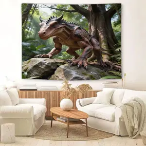 Jungle Predator Themed Tapestry, Featuring a Canopy and Rocky Outcrop Design. This Striking Tapestry Makes a Unique Gift for Paleontology Collectors, Rainforest Enthusiasts, and Dinosaur Art Lovers.