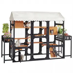 Large Outdoor Cat Enclosure Wooden Catio with 2 Plant Stands Multi-Level Cat Playpen Weather-Resistant Roof Resting Box Climbing Ramps Wire Mesh for Backyard Patio Black