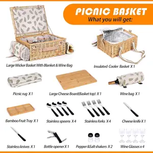 Hap Tim Dual Wicker Picnic Basket Set with Blanket Charcuterie Boards for 2/4/6 - Unique Gifts Ideas for Couple, Engagement, Wedding, Bridal Shower, Family, Christmas - White Elephant Gifts for Adults