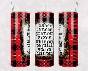 Red Plaid Christmas Reindeer Dasher Dancer Whiskey Tequila Vodka Stainless Steel Tumbler
