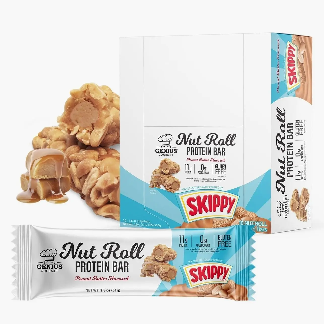 Genius Gourmet SKIPPY Peanut Butter Flavor Inspired Protein Nut Roll Bar,11g Protein per serving(18% DV), 0g Added Sugar, Carb Conscious Snack Bar, Gluten Free – 10 Count
