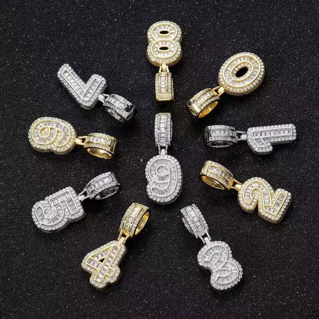 5423 Two Tone Gold Silver Iced Out 0-9 Single Digit Pendant, Double Row Baguette & Round CZ Number Charm with Diamond Bail