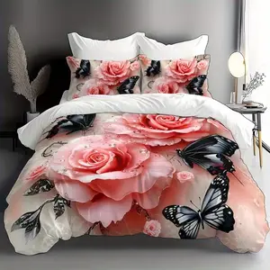 3-Piece Spring Summer Series Rose & Butterfly Print Bedding Set, Soft Breathable Fabric, Suitable for Bedroom & Guest Room, Breathable Duvet Set, Soft Bedding Sets