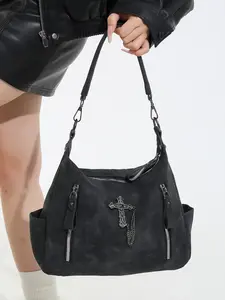 Dark Halloween black shoulder tote bag, cross metal chain decoration, multiple zipper pocket design, retro punk style old niche design tote bag, fashionable and versatile, suitable for daily travel, street shooting, etc., Embellished Shoulder Bag
