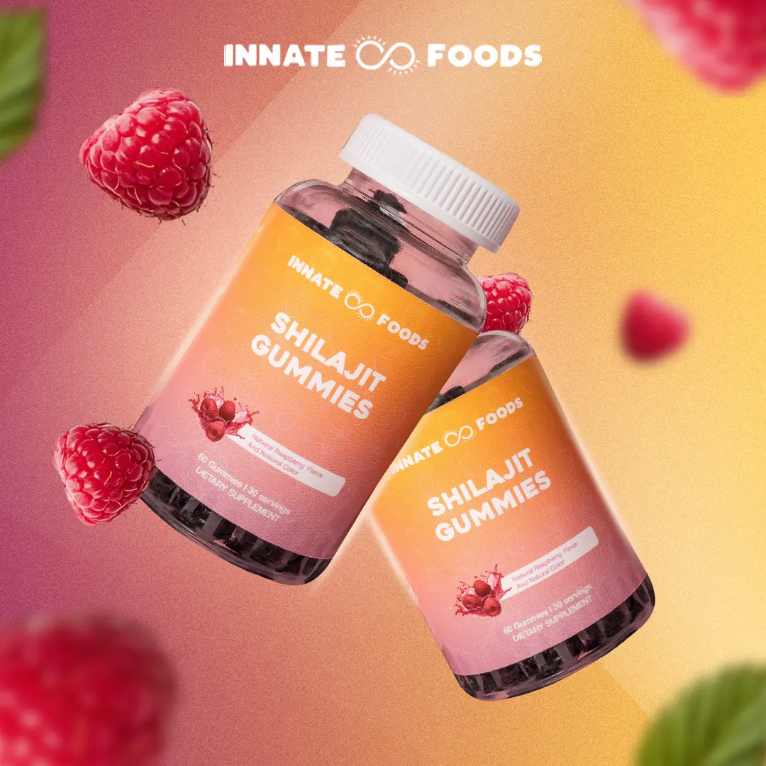 Innate Foods Himalayan Shilajit Gummies 60 Count – Pure Fulvic Acid & Trace Mineral Supplement for Natural Energy, Immune & Balance – Delicious Natural Raspberry Chewables (30-Day Supply)