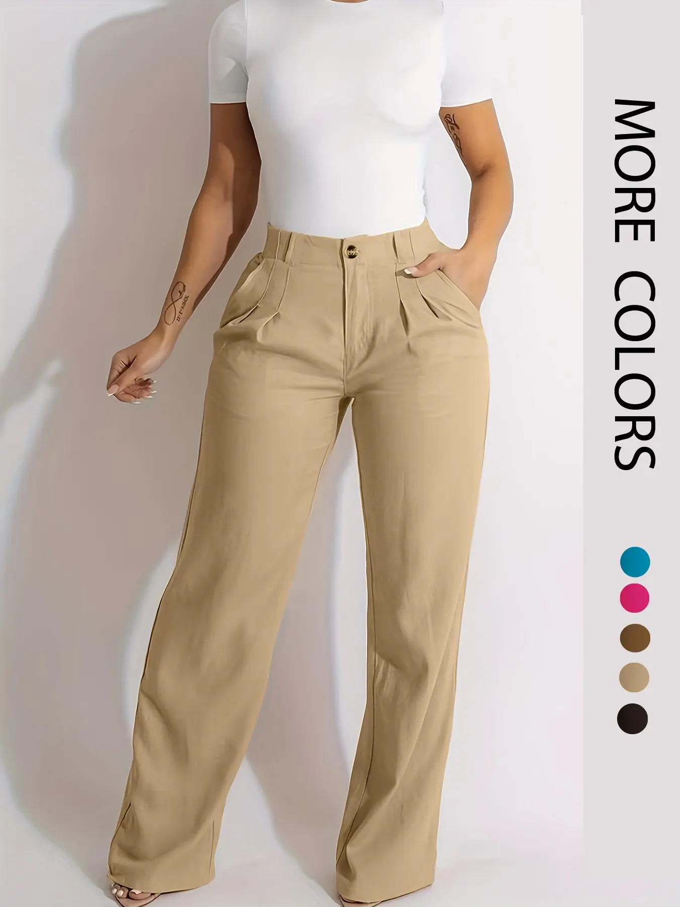 Women's Plicated High Waist Fit Wide Leg Woven Pants with Pockets, Casual Plain Trousers for Daily Wear Work Business, Ladies Bottoms