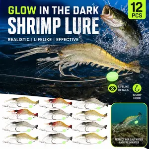Soft Shrimp Lures Set, Luminous Fishing Bait with Sharp Hooks, Lifelike Saltwater Freshwater Shrimp Lures for Trout Bass Salmon Crappie Walleye Pike Perch, TikTok Viral Fishing Tackle