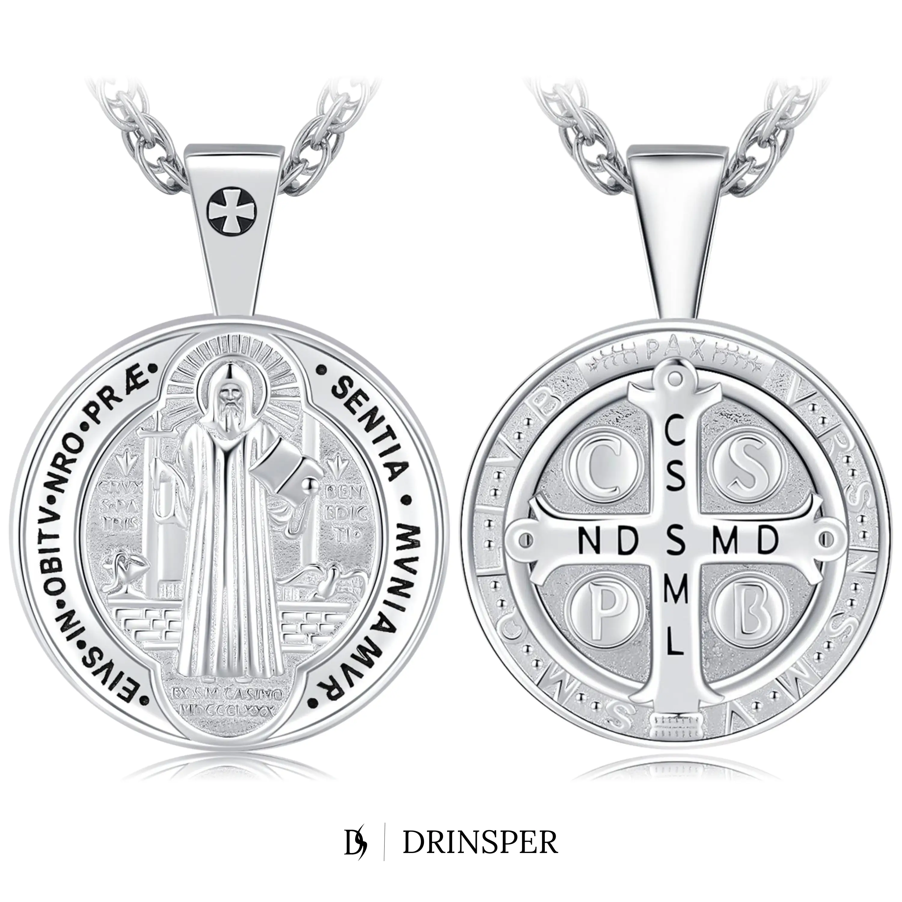 DRINSPER S925 San Benedict Amulet Necklace Sterling Silver Medalla de St Benito Necklace