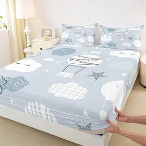 Hot Air Balloon Kids Fitted Sheet,Cartoon Cloud Starry Sky Bedding Set,Girls Boys Adults Bedroom Decor,Cute Hand Painted Fashion Bed Cover,Grey Blue Bed Sheet