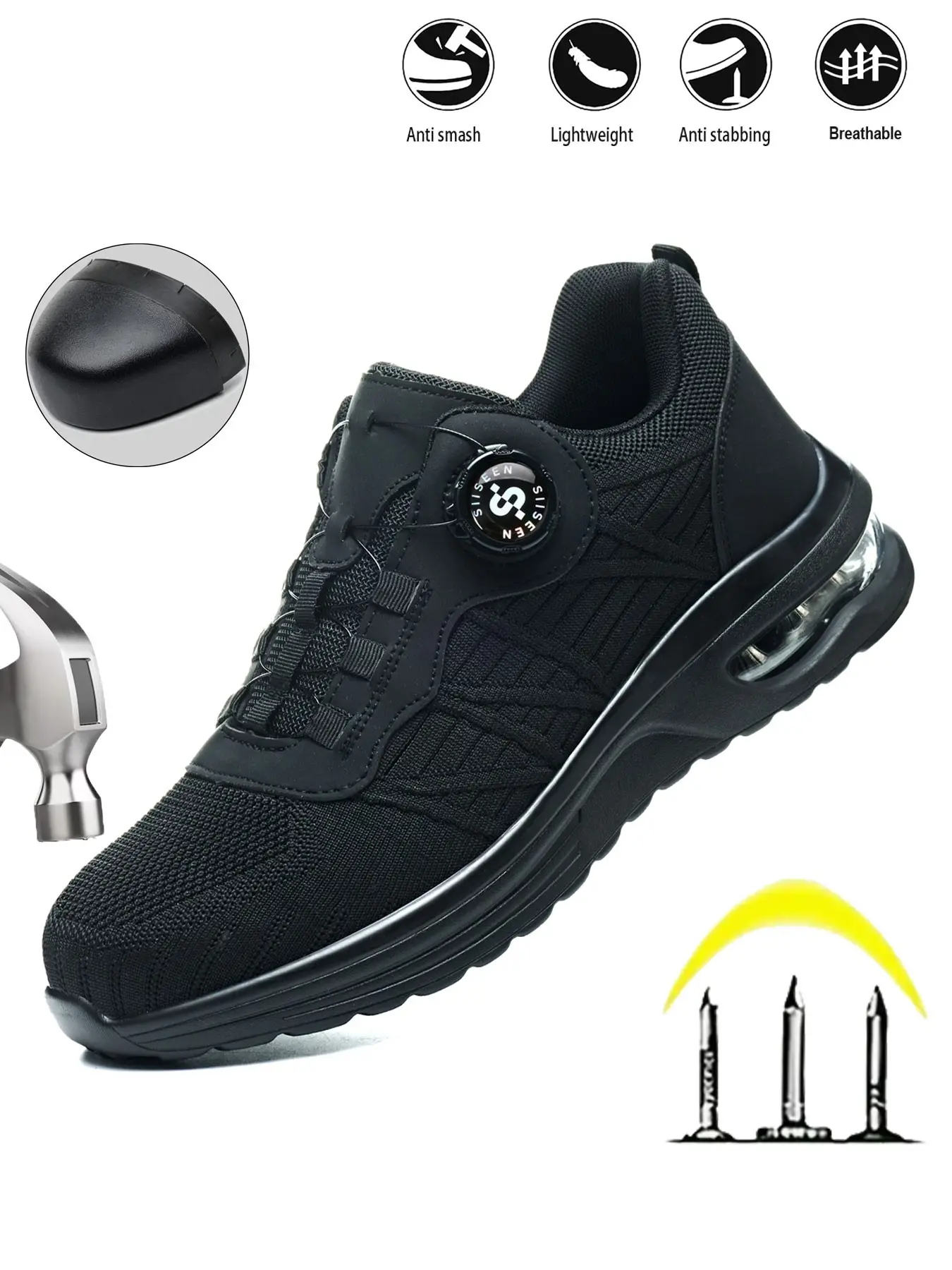 Men's Safety Shoes Anti-Stamping Steel Toe Anti-Puncture, Buttonless Work Shoes, Walking Shoes, Pure Outdoor Safety Boots, Casual Style, Outdoor Work Footwear