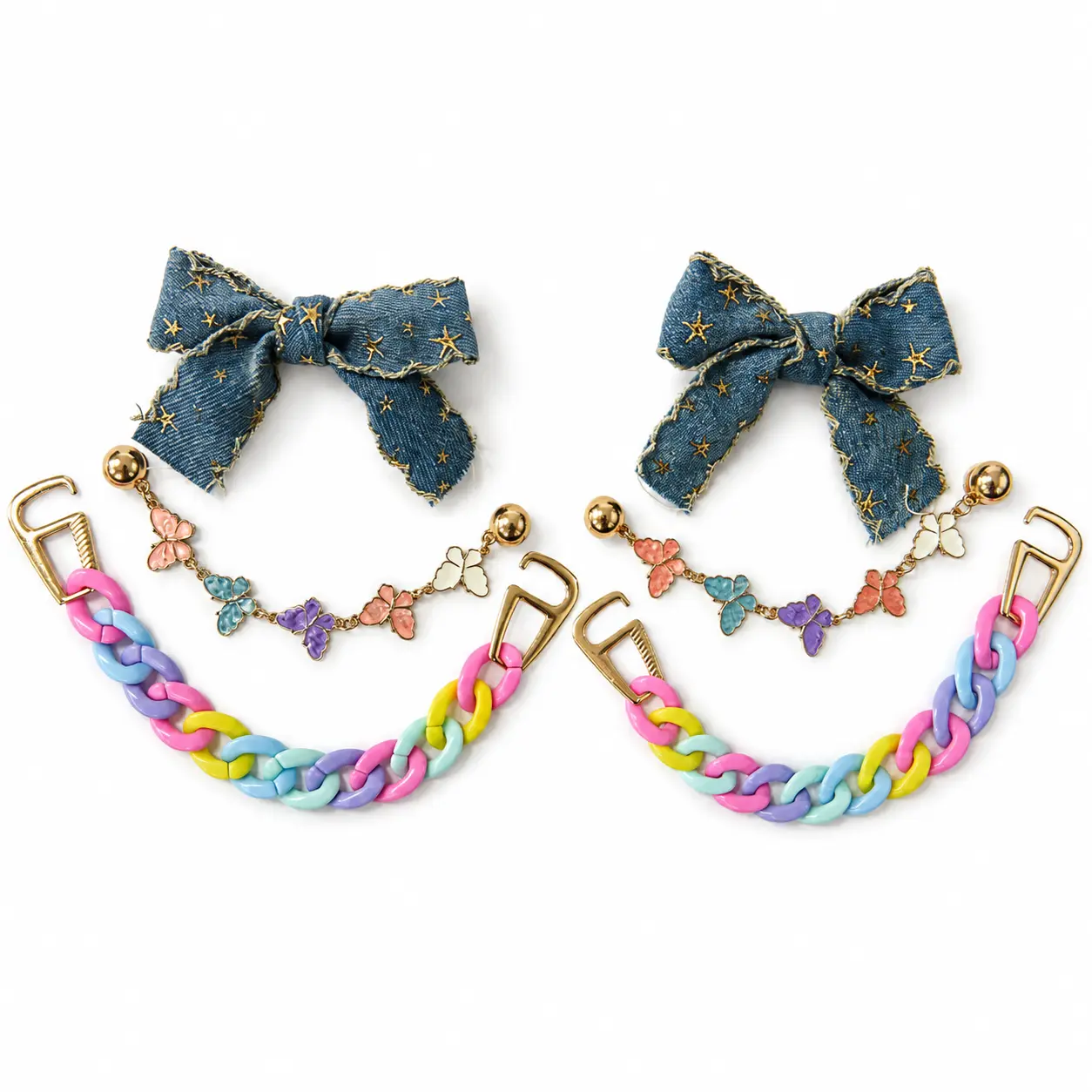 6PCS Colorful Shoe Charm Accessories Set, Denim Bow Shoe Decorations with Butterfly Charm Chains & Pastel Chunky Chains, Cute DIY Clog Shoe Accessories for Women Girls, Trendy Removable Shoe Decor