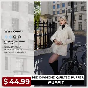 PUFFIT WarmCore Premium Mid-length Diamond Quilted Drawstring-waist PUFFER Style,Classic Diamond Pattern,Waist-cinching Lightweight Cotton Jacket,High-density Integrated Quilting Lightweight, Comfortable For Commuting, Stylish For Going Out SpringStatemen