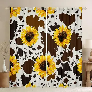 Feelyou Sunflower Cow Window Curtains - Rustic Cowhide Brown Home Decoration Curtain, Abstract Milk Cow Home Textile, Privacy Grommet Farmhouse Interior Accents, Privacy Grommet Curtains