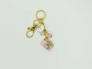 Beautiful Sparkly Rhinestone Pink Camera Keychain with Beads Personalized Keychain Charm Key Holder Stylish Accessory for Purse Backpack Mini Purse Initial Letter Included Handmade Cute
