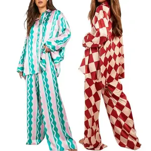 Women Checkerboard Print Loungewear Set Long Sleeve Lapel Button Down Shirt Tops Long Pants Oversized Sleepwear