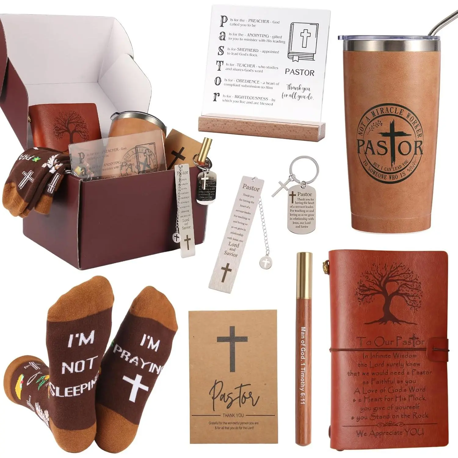 Pastor Appreciation Gifts for Men Christian Pastor Gifts Unique Pastor Gift for Pastors Including Leather Journal Tumbler Keychain Socks Acrylic Medal Pen Bookmarks Card for Birthday Christmas