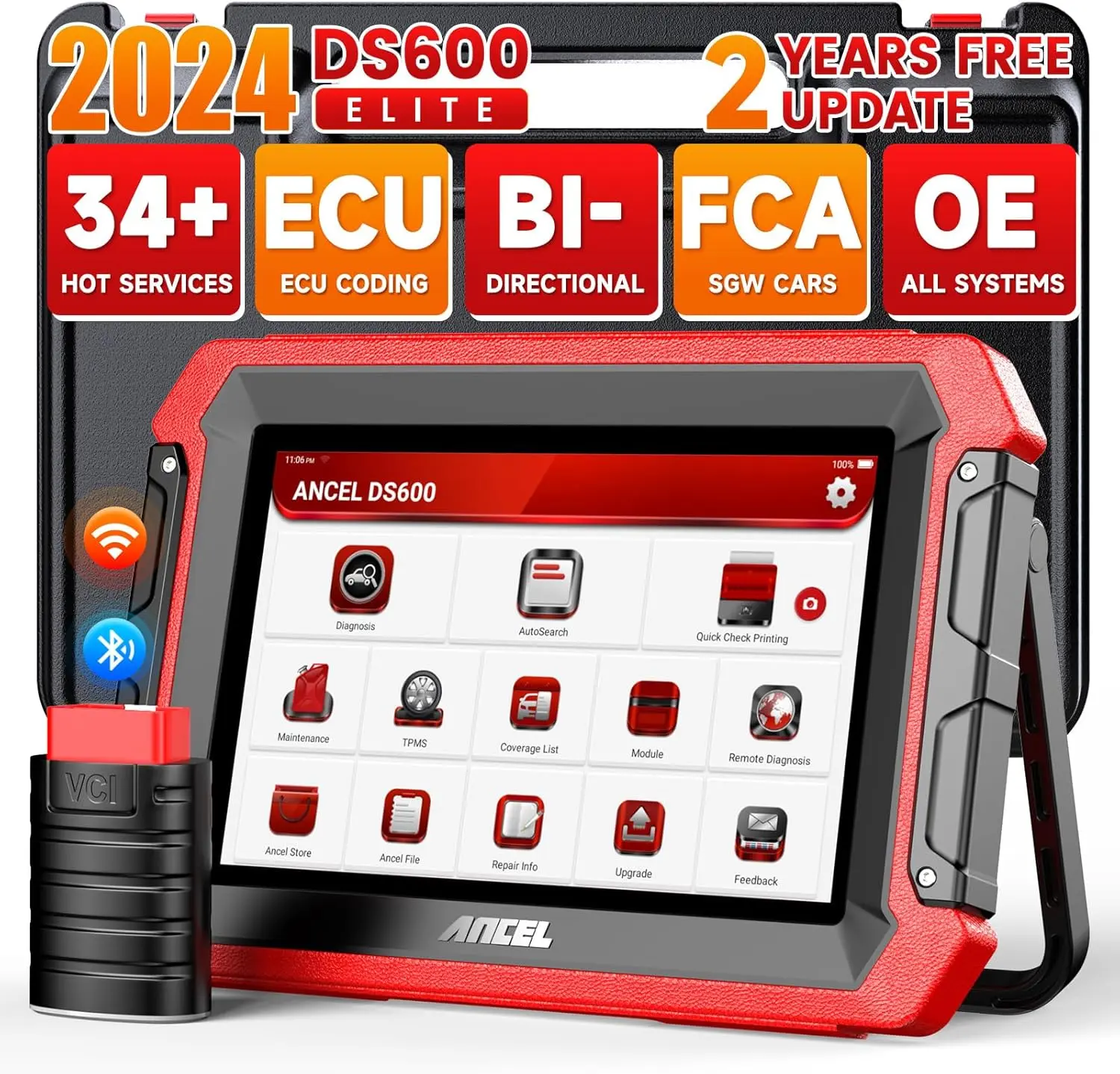 ANCEL DS600 Elite Automotive Scan Tool – OBD2 OBD-II Engine System Diagnostic Code Reader, 2025 New Bidirectional Full System Tool with 34+ Resets, ECU Online Coding, Key Programming, FCA SGW AutoAuth, VAG Guide, Wireless Design, 2-Year Updates, Code Read