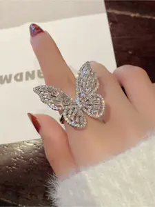 Elegant Exquisite  Cubic Zirconia Silvery Hollowed-out Butterfly Adjustable Opening Ring Elegant Glittering Ring Wedding Party Anniversary Gift Christmas Day Daily Vacation Gift From A Best Friend Adjustable Rings