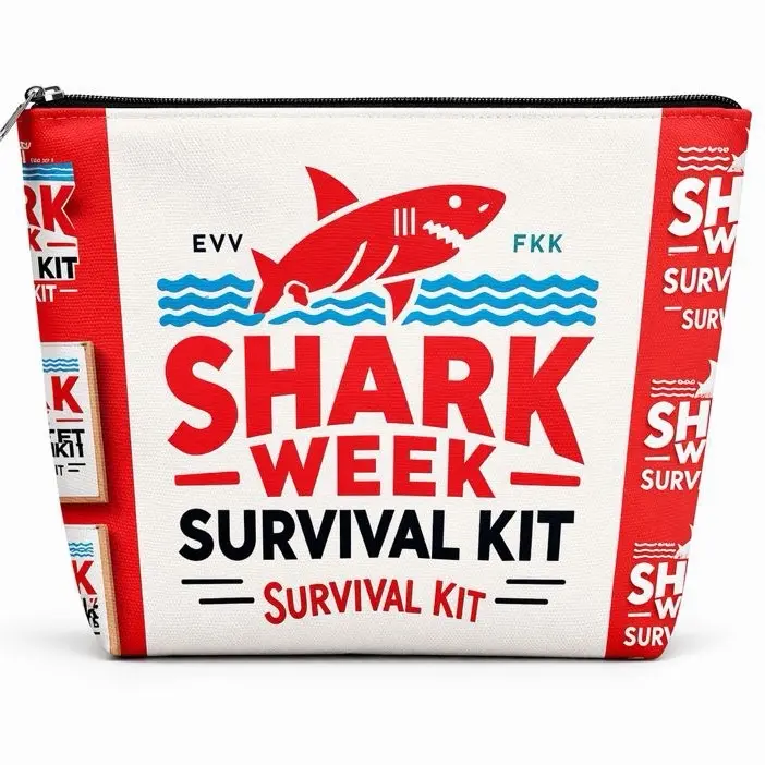 Shark Week Survival Kit Makeup Bag - Red and White Design with Shark Motif - Perfect for Organizing Your Makeup