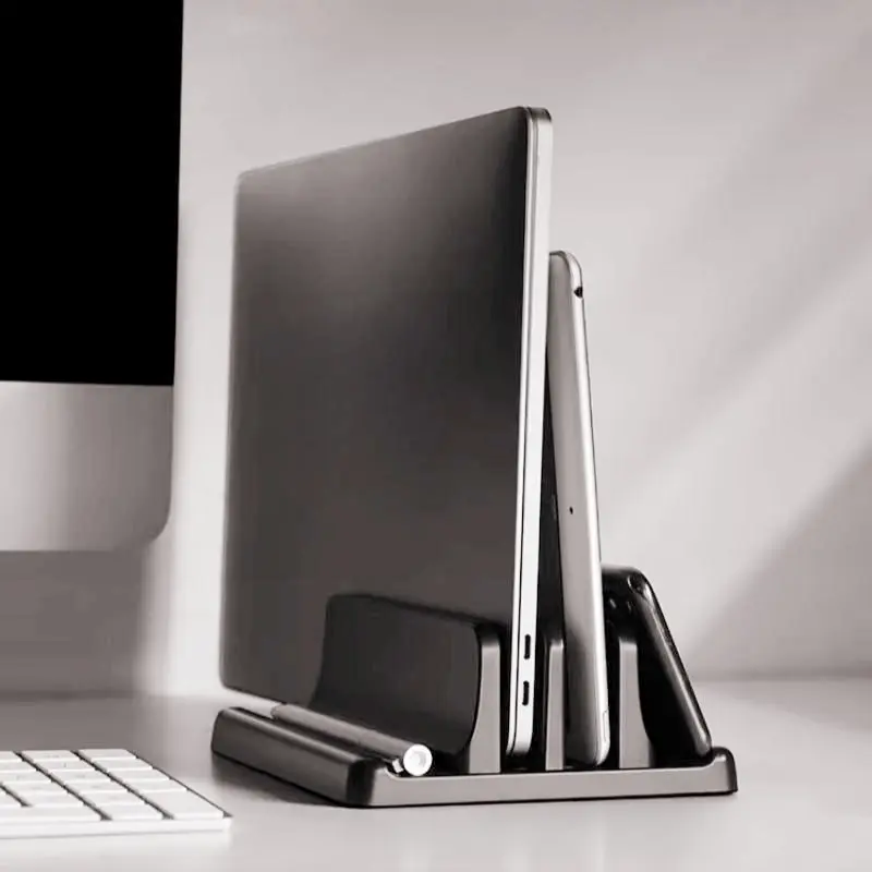 Laptop Stand With Storage Holder Compatible Macbook Computer Vertical Storage Rack Tablet Pad Support Shelf Cooling Laptop Riser For Desk Gaming Office Desktop Dual Opening Base Computer Peripherals Display Stand Desk Accessory