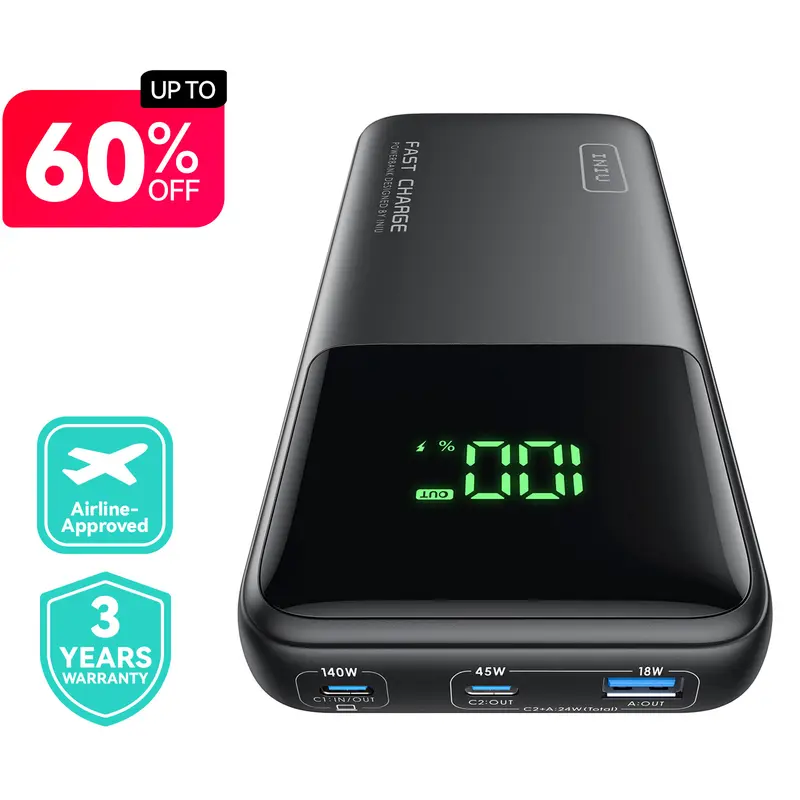 INIU 140W Power Bank, Compact 25000mAh High Capacity Laptop Portable Charger, USB C in&Out Tablet Powerbank, Smart Digital Display Phone Charger for iPhone 17 16, Samsung, iPad, MacBook, Laptop etc.